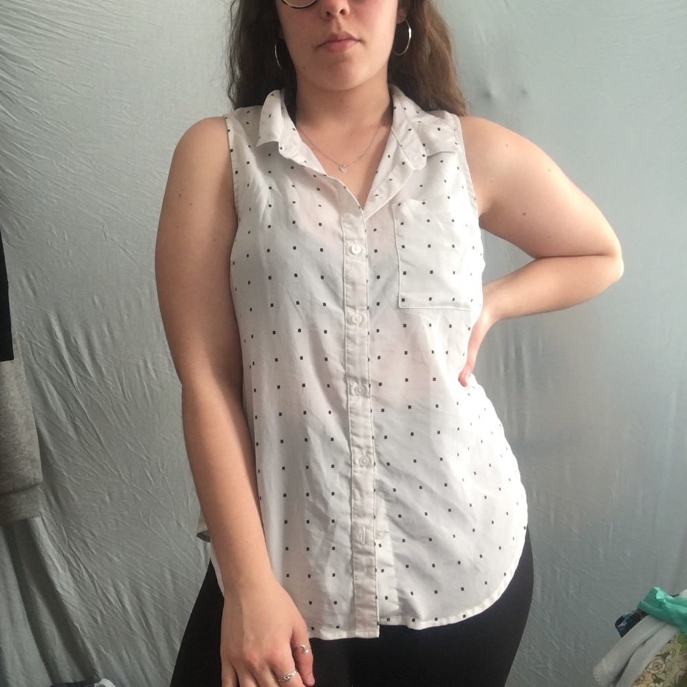 Sheer white button up top with black squares